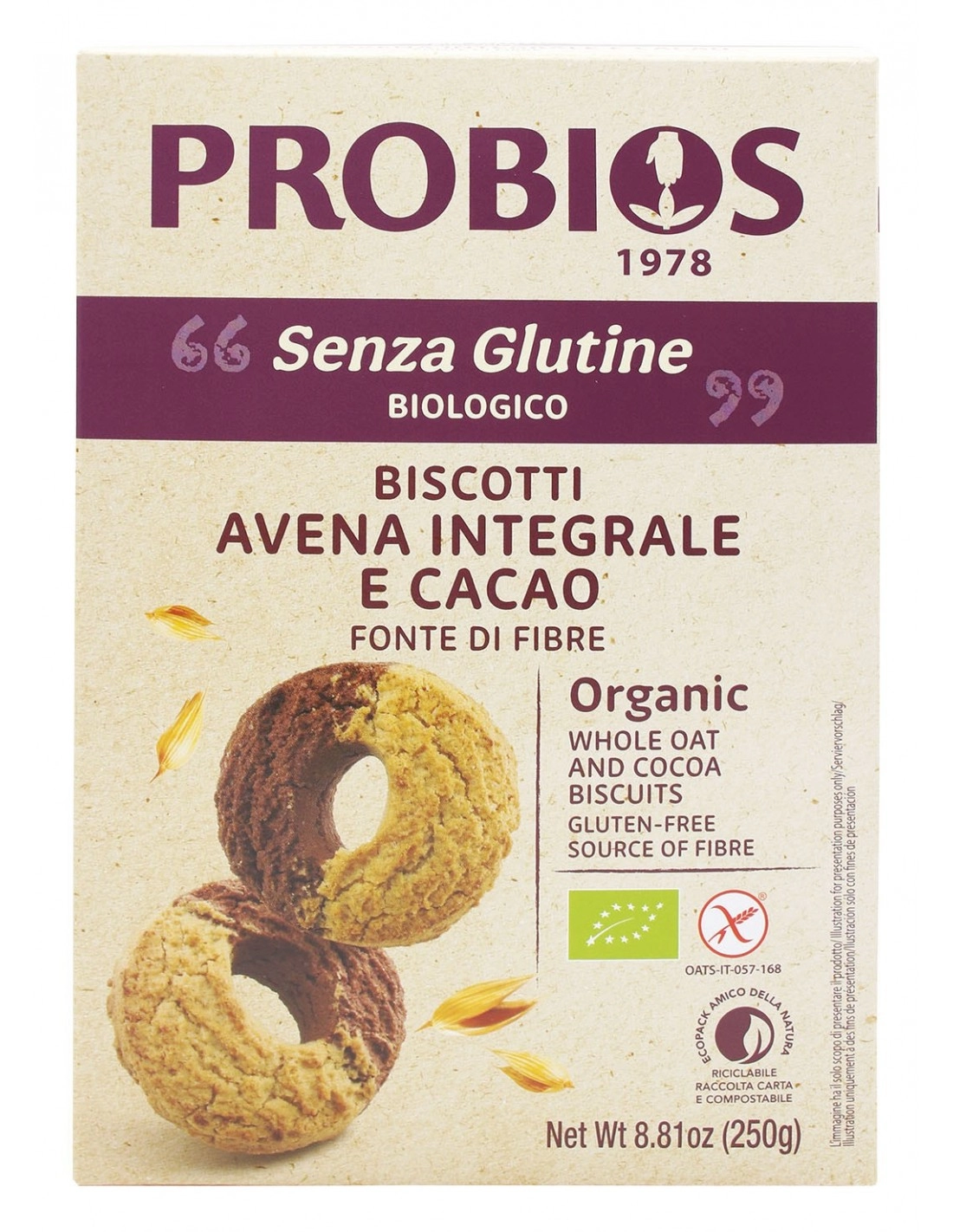 Probios BISCOTTI DI AVENA E CACAO S/G 250G