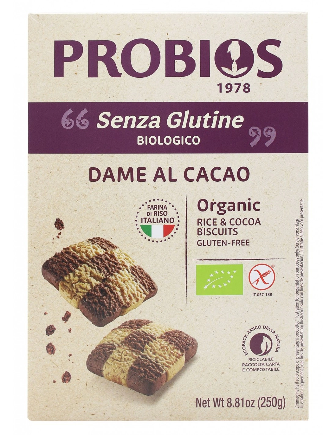 Probios DAME DI RISO CON CACAO S/G 250G